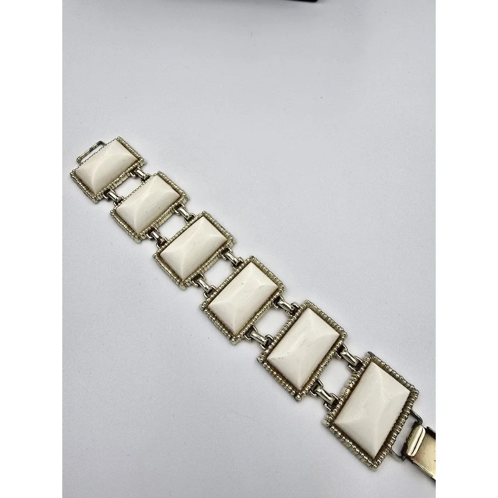 Vintage Gold Tone White Thermoset Panel‎ Link Bracelet Mid-Century Modern Style